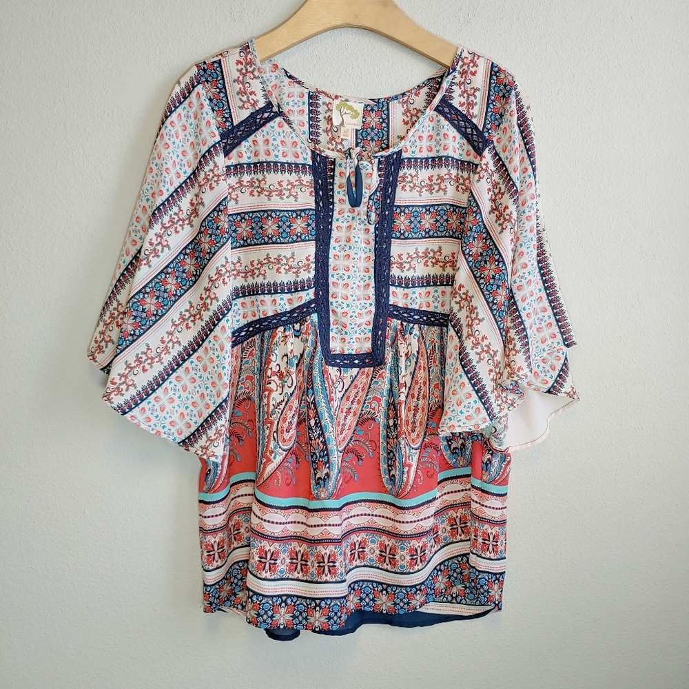 Fig and Flower Anthropologie Boho Tie-Front Abstract Paisley Print Blouse Sz XL